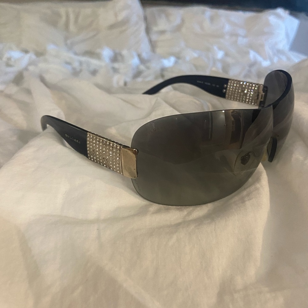 Black vintage BVLGARI large lense sunglasses with gems on the sides
